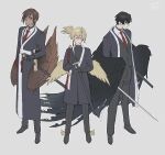  1girl 2boys bird_wings black_coat black_jacket black_kimono black_wings blonde_hair brown_wings closed_mouth coat collared_shirt full_body head_wings highres holding holding_sword holding_weapon jacket japanese_clothes kimono limbus_company looking_at_viewer multiple_boys necktie outis_(project_moon) project_moon red_kimono red_necktie sheath sheathed shirt sinclair_(project_moon) stm_o000 sword unsheathed weapon white_shirt wings yellow_eyes yellow_wings yi_sang_(project_moon) 