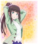  1girl blunt_bangs blush border brown_hair green_eyes green_jacket high_ponytail highres jacket kurosawa_dia long_hair looking_at_viewer love_live! love_live!_sunshine!! mole mole_under_mouth open_clothes open_jacket open_mouth shirt solo twitter_username tying_hair upper_body white_border white_shirt yumechiku 