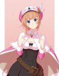  1girl atelier_(series) atelier_rorona belt blue_eyes breasts brown_hair closed_mouth commentary_request dress hat highres looking_at_viewer rororina_fryxell short_hair smile solo yanu 