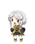  1other :d absurdres androgynous ascot baila_kuangzi black_shirt black_shorts black_socks blush_stickers brown_ascot brown_coat brown_footwear chibi chinese_commentary coat commentary_request green_trim grey_eyes grey_hair highres houlen_yabusame layered_sleeves len&#039;en long_sleeves no_nose open_mouth other_focus puffy_short_sleeves puffy_sleeves shirt short_hair_with_long_locks short_over_long_sleeves short_sleeves shorts simple_background sleeves_past_fingers sleeves_past_wrists smile socks solo white_background 
