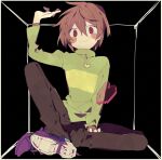  1other animification arm_up black_background brown_hair brown_pants chara_(undertale) closed_mouth green_sweater hair_between_eyes heart heart_necklace higa423 jewelry long_sleeves looking_at_viewer necklace pants purple_eyes shoes short_hair simple_background single_stripe sitting smile sneakers solo striped_clothes striped_sweater sweater turtleneck turtleneck_sweater undertale white_footwear 