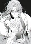  1boy absurdres black_background blush bracer chinese_clothes clutching_chest clutching_clothes crying crying_with_eyes_open facial_mark forehead_mark gradient_background hanfu highres long_hair long_sleeves looking_at_viewer luo_binghe monochrome open_mouth parted_hair renzha_fanpai_zijiu_xitong solo tears white_som wide_sleeves 