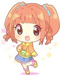  :d blue_eyes blush brown_hair chibi colored_shadow heart idolmaster idolmaster_(classic) looking_at_viewer mirai_(sugar) open_mouth shadow simple_background skirt smile solo standing standing_on_one_leg star takatsuki_yayoi twintails v white_background 