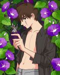  1boy arm_at_side black_shirt brown_eyes brown_hair bug butterfly butterfly_on_hand closed_mouth collarbone collared_shirt day facial_mark flower groin hand_up highres kaonashi looking_at_viewer male_focus morning_glory nature navel open_clothes open_shirt pectorals personification profile purple_flower rikaco1988 sen_to_chihiro_no_kamikakushi shirt upper_body 