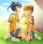  bad_id bad_pixiv_id blue_hair brown_hair cloud cr72 day inazuma_eleven_(series) inazuma_eleven_go lightning_bolt male_focus matsukaze_tenma multiple_boys one_eye_closed raimon raimon_soccer_uniform sitting soccer_uniform sportswear tears tsurugi_kyousuke wariza yellow_eyes 