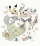  &gt;_&lt; ^_^ animal_focus anorith blue_eyes blush_stickers bright_pupils closed_eyes commentary eevee full_body grey_background grey_eyes heart highres light_smile no_humans one_eye_closed open_mouth ovoip pikachu pokemon pokemon_(creature) reuniclus ribbon smile star_(symbol) sylveon twitter_username wooper 