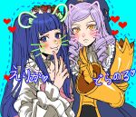  2girls ascot blue_eyes blue_hair blunt_bangs blush bow character_name choker closed_mouth coat collarbone colored_eyelashes dlanor_a._knox drawn_ears drawn_whiskers drill_hair expressionless eyelashes flower frills furudo_erika gauntlets hair_flower hair_ornament hat heart highres kuya_(hey36253625) long_hair long_sleeves looking_at_viewer multiple_girls parted_bangs pink_bow pink_headwear puffy_long_sleeves puffy_sleeves purikura purple_hair rose simple_background sketch smile twintails umineko_no_naku_koro_ni v yellow_eyes 