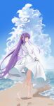  1girl bare_legs barefoot beach blue_sky blunt_bangs breasts clothes_lift cloud cloudy_sky day dress expressionless fern_(sousou_no_frieren) floating_hair full_body hair_ornament highres long_hair long_sleeves looking_at_viewer looking_back medium_breasts ocean outdoors puffy_sleeves purple_eyes purple_hair ryudraw sand sidelocks sky solo sousou_no_frieren twitter_username very_long_hair walking water white_dress 