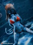 3d_(artwork) anthro bikini breasts bubble clothing digital_media_(artwork) felid female hi_res mammal medium_breasts momo_(monarquis momo_(monarquis) monarquis pantherine pinup pose pubes red_bikini red_clothing red_swimwear snorkel snow_leopard solo swimming_pool swimwear underwater water