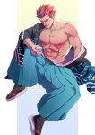  1boy abs alcohol artist_name bara biceps blue_kimono choko_(cup) cup evinist hakama highres japanese_clothes kimono lance_(pokemon) large_pectorals looking_at_viewer male_focus manly mature_male muscular muscular_male nipples one_eye_closed pectorals pokemon pokemon_masters_ex red_eyes red_hair sake sandals signature simple_background sitting smile socks solo spread_legs thick_arms yukata 