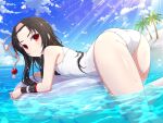  1girl armlet ass ass_focus beach bird black_hair closed_mouth cloud cloudy_sky day dripping flat_chest headband hyakka_ryouran_samurai_bride hyakka_ryouran_samurai_girls light_blush long_hair looking_at_viewer non-web_source ocean official_art palm_tree pink_headband red_eyes sanada_yukimura_(hyakka_ryouran) school_swimsuit seagull senran_kagura senran_kagura_new_link sky sunlight swim_ring swimming swimsuit tree wet white_swimsuit 