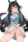  1girl ahoge arknights arknights:_endfield ass_visible_through_thighs black_eyes black_hair black_sleeves blouse blue_horns blue_jacket blue_shirt blue_tail blurry blurry_background blush breasts censored chen_qianyu_(arknights) chest_strap closed_mouth clothes_lift clothing_cutout commentary contrapposto cowboy_shot cropped_jacket depth_of_field dragon_girl dragon_horns dragon_tail embarrassed full-length_zipper groin hand_on_own_hip head_tilt high_collar highres horns jacket layered_clothes layered_sleeves lifted_by_self long_hair long_sleeves looking_at_viewer low_twintails medium_breasts miniskirt mosaic_censoring multicolored_tail nashidrop no_panties open_clothes open_jacket pleated_skirt presenting_pussy puffy_long_sleeves puffy_sleeves pussy raglan_sleeves red_pupils red_tail scales shadow shirt short_over_long_sleeves short_sleeved_jacket short_sleeves simple_background skirt skirt_lift smile solo straight_hair swept_bangs tail thighs twintails two-sided_fabric two-sided_jacket variant_set very_long_hair white_background white_shirt white_skirt wide_sleeves zipper 