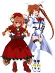  2girls ahoge beret black_gloves blue_eyes braid brown_hair commentary_request commission dress full_body gloves hair_ribbon hands_on_own_hips hat long_hair lyrical_nanoha magical_girl mahou_shoujo_lyrical_nanoha_strikers multiple_girls orange_hair overskirt red_dress red_headwear ribbon simple_background skeb_commission takamachi_nanoha thighhighs twin_braids twintails vita_(nanoha) white_background white_dress white_ribbon white_thighhighs yaeba 