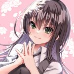  1girl black_hair black_vest blush breasts cherry_blossom_print closed_mouth collared_shirt eyebrows_hidden_by_hair finger_to_mouth fingernails floral_print green_eyes hands_on_own_chest hands_up highres large_breasts long_hair looking_at_viewer natsume_ai neck_ribbon own_hands_together petals pink_background portrait ribbon rily_f sakura_no_toki shirt smile solo straight_hair suspenders tsurime upper_body v-shaped_eyebrows vest white_shirt 