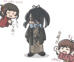  3girls asahi_(kancolle) black_coat black_hair blue_scarf brown_kimono coat commentary_request ferret-san hair_ribbon haori japanese_clothes kantai_collection kimono kumano_maru_(kancolle) multiple_girls official_alternate_costume ponytail ribbon scarf simple_background solo_focus standing translation_request white_background yamashio_maru_(kancolle) 