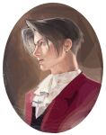  1boy ace_attorney ascot black_vest border brown_background closed_mouth commentary curtained_hair grey_eyes guzaeolos highres jacket looking_to_the_side male_focus miles_edgeworth purple_jacket shirt short_hair solo suit upper_body vest white_ascot white_border white_shirt 