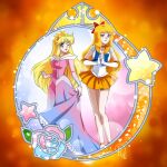  2girls aino_minako aurora_(disney) aurora_(disney)_(cosplay) back_bow bishoujo_senshi_sailor_moon blonde_hair blue_bow blue_dress blue_eyes bow choker cosplay costume_switch crescent crown drachea_rannak dress elbow_gloves evening_gown flower gloves gradient_dress hair_bow holding holding_clothes holding_dress jewelry long_hair long_sleeves magical_girl miniskirt multiple_girls necklace one_eye_closed orange_choker orange_sailor_collar own_hands_clasped own_hands_together pink_dress pleated_skirt red_bow rose sailor_collar sailor_senshi_uniform sailor_venus sailor_venus_(cosplay) skirt sleeping_beauty star_(symbol) tiara 