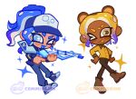  1boy 1girl :d :p baseball_cap blonde_hair blue_eyes blue_hair classic_squiffer_(splatoon) commentary commission dark-skinned_male dark_skin english_commentary eyebrow_cut full_body gradient_hair gun hand_on_own_hip hat holding holding_gun holding_weapon medium_hair multicolored_hair octoling octoling_boy octoling_girl one_eye_closed ponytail purple_hair simple_background smile sparkle splatoon_(series) splatoon_3 standing tentacle_hair tokkibada tongue tongue_out two-tone_hair walking watermark weapon white_background yellow_eyes 