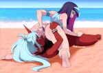  2girls 69 :o anal anal_object_insertion anus artist_name ass badlavender bare_shoulders beach black_hair blunt_bangs bracelet colored_skin demon_girl demon_horns grey_hair highres horizon horns imminent_cunnilingus jewelry kneesocks_(psg) long_hair looking_back multicolored_hair multiple_girls nail_polish object_insertion ocean outdoors panty_&amp;_stocking_with_garterbelt pink_hair ponytail pussy red_skin shiny_skin skin-covered_horns stocking_(psg) teeth two-tone_hair yuri 
