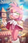 2023 absurd_res amy_rose anthro blurred_background blush boots city clothed clothing clothing_lift dress dress_lift eulipotyphlan female footwear genitals gloves green_eyes handwear hedgehog hi_res looking_at_viewer mammal navel pussy sega smile solo sonic_the_hedgehog_(series) zh7