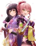  2girls ahoge black_bow black_choker black_hair black_skirt blush bow breasts brown_eyes choker cleavage fang floral_print_kimono hair_between_eyes hair_bow highres holding holding_sword holding_weapon idolmaster idolmaster_cinderella_girls japanese_clothes jewelry jougasaki_mika katana kimono kohinata_miho long_hair medium_breasts multiple_girls obi open_mouth petals pink_hair pink_kimono ponytail purple_kimono sakura_ran sash sidelocks skirt sword weapon yellow_eyes yellow_sash 