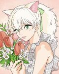  1girl animal_ears bare_shoulders bouquet cat_ears cat_girl cat_tail closed_mouth flower frills from_side green_eyes green_ribbon hair_between_eyes hands_up highres holding holding_bouquet lily_(majo_no_takkyuubin) lipstick looking_at_viewer majo_no_takkyuubin makeup nail_polish personification pink_lips pink_nails plaid plaid_shirt ponytail red_background red_flower ribbon rikaco1988 shirt simple_background sleeveless solo tail tulip upper_body whiskers white_flower white_hair 