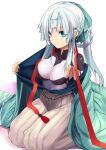  1girl aqua_bow aqua_eyes armpit_crease armpit_cutout armpit_peek armpits black_bodysuit blue_kimono bodysuit bow braid braided_hair_rings brown_hakama closed_mouth clothing_cutout earrings fate/grand_order fate/samurai_remnant fate_(series) green_haori hair_bow hakama hakama_skirt haori highres japanese_clothes jewelry kimono looking_at_viewer seiza sen_(astronomy) sidelocks sitting skirt solo two-tone_bodysuit undressing white_background white_bodysuit white_hair yui_shousetsu_(fate) yui_shousetsu_(first_ascension)_(fate) yui_shousetsu_(second_ascension)_(fate) 