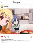  4girls black_hair blonde_hair blue_hair bocchi_the_rock! bowl commentary_request computer dated_commentary eating food headphones headphones_around_neck highres ijichi_nijika ijichi_seika indoors instagram kitchen laptop long_hair looking_at_viewer mole mole_under_eye multiple_girls nagatsuka_tyh pa-san red_eyes translation_request yamada_ryo yellow_eyes 