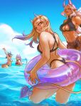  4girls ass bikini black_bikini blonde_hair blue_sky blurry breasts cerise_(chiffonfae) character_request chiffonfae cleavage cleavage_cutout clothing_cutout colored_tips commentary dark-skinned_female dark_skin day demon_girl demon_tail depth_of_field earrings english_commentary grin highres horns innertube jewelry large_breasts multicolored_hair multiple_girls ocean oni original pink_horns purple_eyes purple_hair red_eyes sky small_breasts smile solo_focus summer swim_ring swimsuit tail tankini wading wet white_hair 