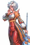  blue_eyes breasts cleavage corset dragon_quest dragon_quest_x dress large_breasts mico_(paleshelter) ogre_(dq10) pink_skin short_hair solo staff wavy_hair white_hair 