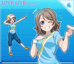  1girl :d blue_background blue_eyes blue_pants blue_shirt brown_hair character_name copyright_name full_body grin index_finger_raised looking_at_viewer love_live! love_live!_sunshine!! medium_hair one_eye_closed outstretched_arm pants shirt short_sleeves smile solo straight_hair striped_background t-shirt twitter_username upper_body watanabe_you wristband yellow_footwear yumechiku 
