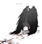  1boy black_hair black_kimono blood blood_on_clothes blood_on_ground full_body greyscale japanese_clothes kimono large_wings limbus_company male_focus monochrome project_moon simple_background solo stm_o000 walking_away white_background yi_sang_(project_moon) 