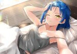  1girl armpits bare_shoulders bed_sheet blue_hair bocchi_the_rock! breasts cleavage closed_mouth collarbone ear_piercing forehead grey_shirt hand_in_own_hair highres indoors kikugawa_roku looking_at_viewer lying medium_breasts mole mole_under_eye on_back on_bed one_eye_closed piercing pillow reaching reaching_towards_viewer shirt solo strap_slip sunlight t-shirt under_covers upper_body wooden_floor yamada_ryo 