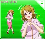  1girl :d blush brown_hair character_name closed_mouth collarbone copyright_name green_background hood hood_down hooded_jacket jacket koizumi_hanayo looking_at_viewer love_live! love_live!_school_idol_project open_mouth pants pink_jacket pink_pants purple_eyes short_hair short_sleeves smile solo straight_hair striped_background twitter_username upper_body yumechiku 
