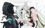  1girl 1other animal_ear_fluff animal_ears arknights black_gloves black_jacket doctor_(arknights) dress gloves green_dress grey_hair highres hood hood_up hooded_jacket jacket kal&#039;tsit_(arknights) long_sleeves mebe_(teadia_violet) motion_lines off-shoulder_jacket off_shoulder pacifier parted_lips puffy_long_sleeves puffy_sleeves see-through see-through_sleeves white_jacket 