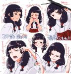  1girl absurdres aged_down black_hair branch brown_eyes collage commentary_request head_only highres iori_utahime japanese_clothes jujutsu_kaisen long_hair looking_at_viewer looking_to_the_side miko smile sparkle toto_cucu0 translation_request upper_body 