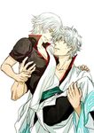  1girl acaco anger_vein curly_hair dual_persona genderswap genderswap_(mtf) gintama hadanugi_dousa holding japanese_clothes kimono long_sleeves looking_at_viewer md5_mismatch sakata_ginko sakata_gintoki short_hair short_sleeves silver_hair 