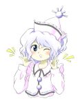  1girl ;d blue_eyes blue_hair frilled_hat frills hands_up hat light_blue_hair long_sleeves merlin_prismriver nonamejd official_style one_eye_closed short_hair simple_background smile solo touhou upper_body vest white_background white_headwear white_vest zun_(style) 