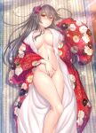  1girl absurdres black_hair blush breasts feet_out_of_frame floral_print groin hair_between_eyes hair_ornament hairband hairclip haruna_(kancolle) highres japanese_clothes kantai_collection kimono large_breasts long_sleeves looking_at_viewer navel open_mouth print_kimono red_kimono ryu-akt signature solo tatami white_hairband wide_sleeves yellow_eyes 