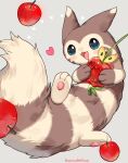  :d apple aqua_eyes artist_name blush brown_fur food fruit furret grey_background heart highres kaminokefusa no_humans pawpads pokemon pokemon_(creature) pokemon_gsc smile striped_fur 