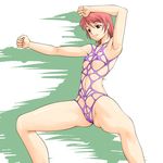  armpits arms_up breasts cameltoe covered_nipples flat_chest mashue original pubic_hair red_eyes red_hair short_hair solo swimsuit underboob 