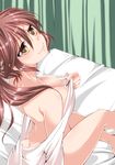  absurdres backless_outfit bare_legs bed_sheet breasts brown_eyes brown_hair butt_crack cleavage cleavage_reach curtains dress hal_(goshujinomocha) head_tilt highres lips long_hair looking_at_viewer medium_breasts original smile solo sweater sweater_dress 