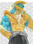 abs anthro biceps blue_eyes body_hair capcom chest_hair clothed clothing fanged_wyvern fur horn male monster_hunter muscular muscular_anthro muscular_male nipples pecs salz_sop scales topless topless_anthro topless_male yellow_body yellow_scales zinogre