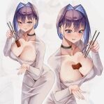  1girl absurdres black_choker blue_eyes blue_hair bra breasts choker chopsticks cleavage collarbone colored_inner_hair dongtan_dress dress food food_on_body food_on_breasts grey_dress hair_intakes highres holding holding_food hololive hololive_english large_breasts long_sleeves looking_at_viewer looking_down meat meme_attire multicolored_hair multiple_views nannachu7 ouro_kronii pencil_dress purple_hair short_hair sweatdrop taut_clothes taut_dress underwear virtual_youtuber white_background white_bra zoom_layer 