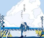  2girls asaka_kaori bag black_cardigan black_footwear blue_bag blue_dress blue_eyes blue_hair blue_theme blue_thighhighs cardigan chiochiiii closed_mouth cloud copyright_name couple dress eye_contact floating_hair hand_up highres hoshikawa_shizuku kimi_to_tsuzuru_utakata kneehighs loafers long_hair long_sleeves looking_at_another medium_hair mole mole_under_eye multiple_girls neck_ribbon no_shadow ocean open_cardigan open_clothes pinafore_dress pleated_dress railroad_crossing red_ribbon ribbon sailor_collar sailor_dress school_bag school_uniform shadow shirt shoes short_sleeves shoujo_rei_(vocaloid) shoulder_bag sidelocks signature sleeveless sleeveless_dress socks standing thighhighs translated white_hair white_sailor_collar white_shirt white_socks wide_shot yuri 