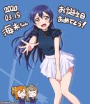  2020 3girls bare_arms bare_legs black_shirt blue_background blue_hair blush dated feet_out_of_frame floating_hair hair_between_eyes happy_birthday highres jewelry kousaka_honoka layered_sleeves legs long_hair looking_at_viewer love_live! love_live!_school_idol_project minami_kotori miniskirt multiple_girls open_mouth otonokizaka_school_uniform pendant pleated_skirt reaching reaching_towards_viewer school_uniform shirt short_sleeves skirt skirt_tug solo_focus sonoda_umi straight_hair twitter_username very_long_hair wavy_mouth white_skirt yellow_eyes yumechiku 