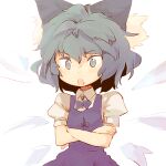  1girl :o blue_bow blue_bowtie blue_dress blue_eyes blue_hair blue_theme bow bowtie cirno collared_shirt crossed_arms detached_wings dot_nose dress hair_bow hatching_(texture) large_bow linear_hatching looking_at_viewer open_mouth pinafore_dress puffy_short_sleeves puffy_sleeves round_teeth shirt short_hair short_sleeves simple_background sleeveless sleeveless_dress solo tcmk teeth touhou upper_teeth_only white_background white_shirt wing_collar wings 