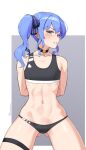 1girl absurdres arms_behind_back ass_visible_through_thighs blue_eyes blue_hair choker commentary_request cowboy_shot flat_chest hair_between_eyes harry_(dudwofla) highres hololive hoshimachi_suisei looking_at_viewer navel ribs side_ponytail solo teeth thigh_strap twitter_username virtual_youtuber 