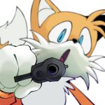 anthro blue_eyes canid canine chipchapp countershade_face countershade_fur countershade_torso countershading dipstick_tail fingers fox fur gun hi_res holding_gun holding_object holding_weapon looking_at_viewer male mammal markings miles_prower open_mouth ranged_weapon sega solo sonic_the_hedgehog_(series) tail tail_markings weapon