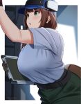  1girl absurdres bang_brave_bang_bravern belt blue_headwear blue_shirt braid breasts brown_hair green_eyes green_pants hat highres large_breasts miyu_katou murayuki1404 pants shirt side_braid tablet_pc 